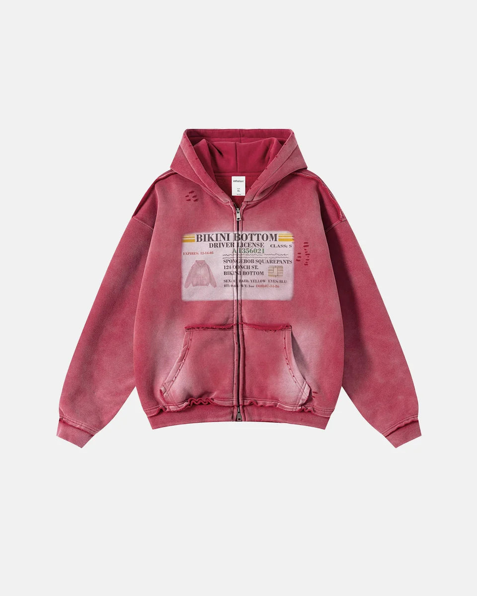 Graphic Ripped Washed Zip Up Hoodies