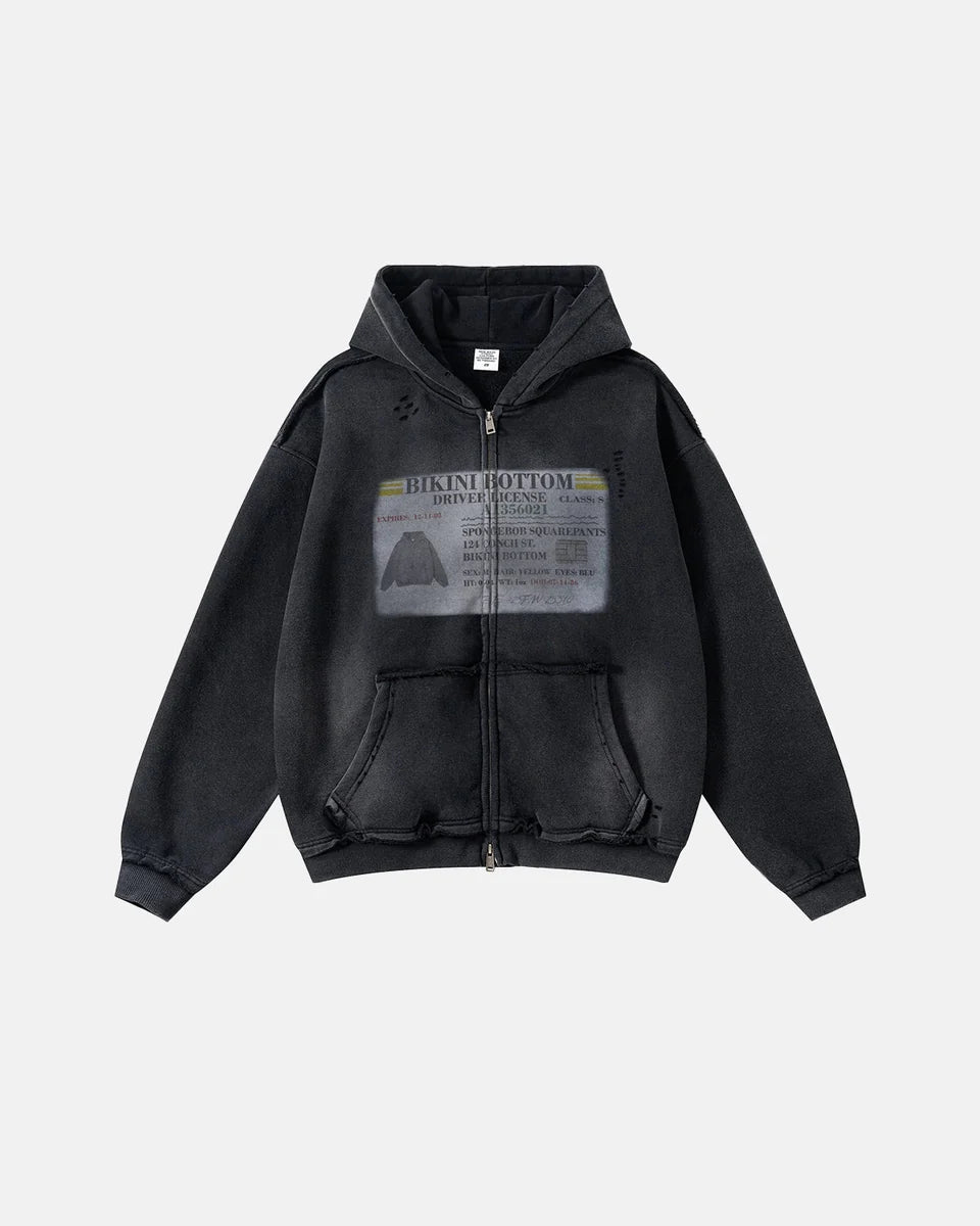 Graphic Ripped Washed Zip Up Hoodies