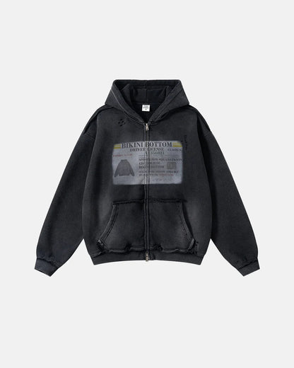 Graphic Ripped Washed Zip Up Hoodies